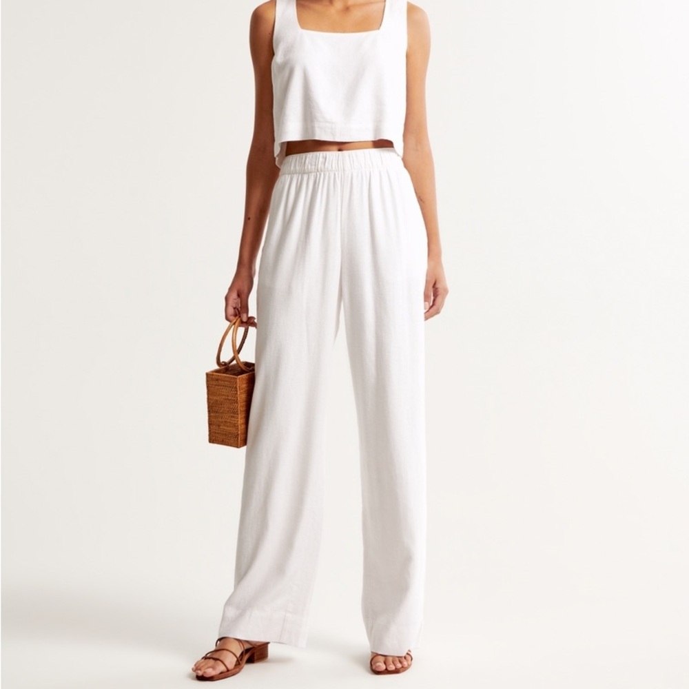 Abercrombie White Linen Blend Pull On Wide Leg Pant Size XL Summer Comfy Relaxed